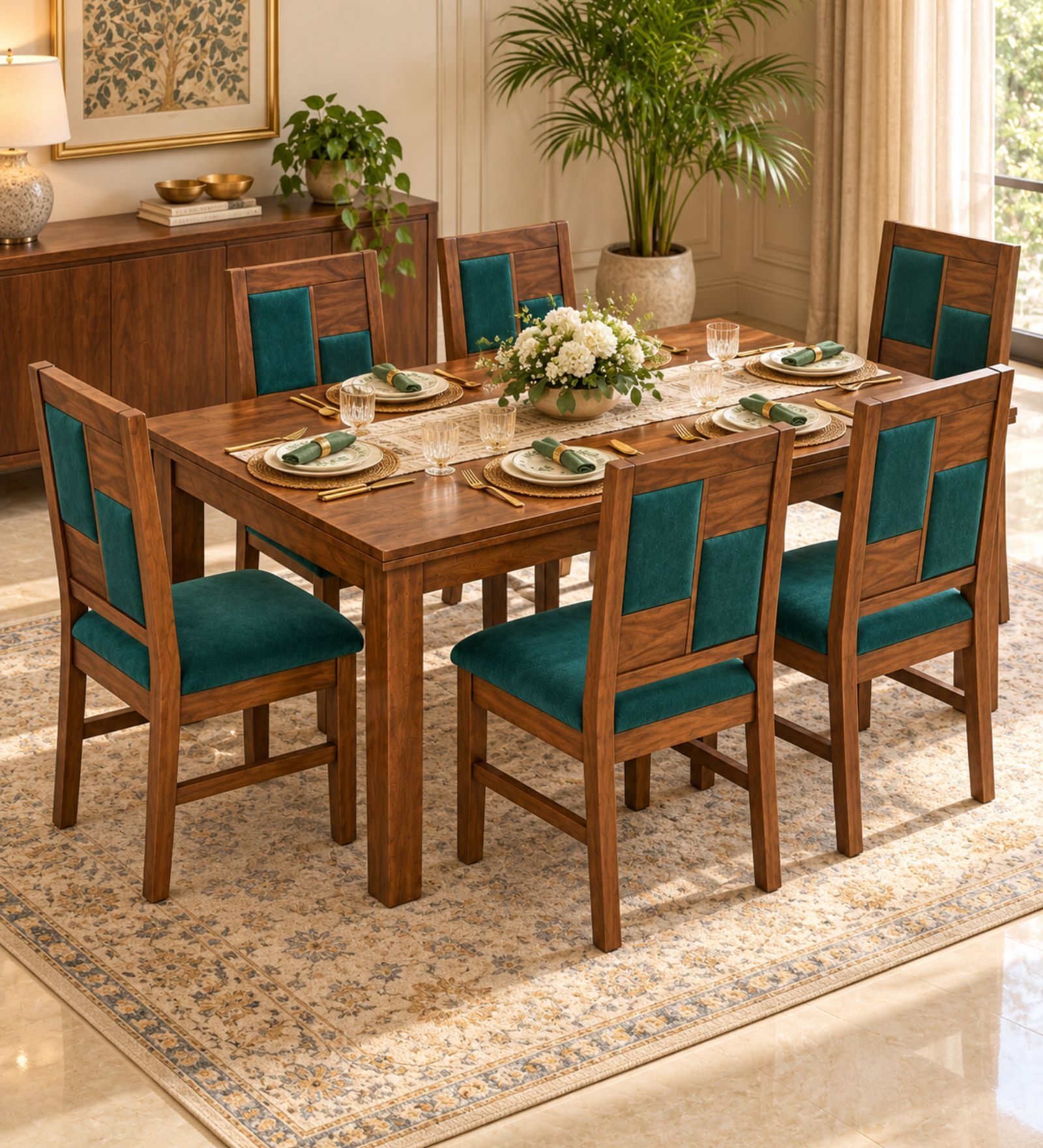Dvira 6 Seater Dining Set In Provincial Teak Finish With Teal Green Colour Chair Dvira 6 Seater Dining Set In Provincial Teak Finish With Teal Green Colour Chair