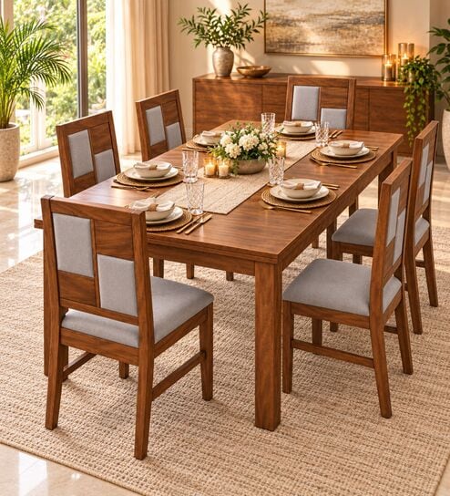 Dvira 6 Seater Dining Set In Provincial Teak Finish With Grey Colour Chair