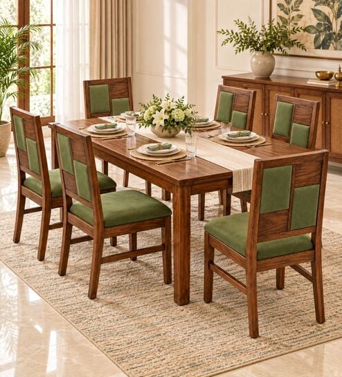 Dvira 6 Seater Dining Set In Provincial Teak Finish With Olive Green Colour Chair