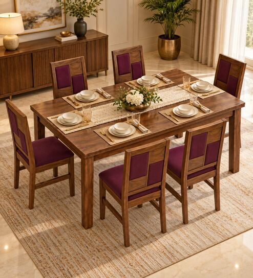 Dvira 6 Seater Dining Set In Provincial Teak Finish With Plum Colour Chair