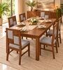 Dvira 6 Seater Dining Set In Provincial Teak Finish With Grey Colour Chair Dvira 6 Seater Dining Set In Provincial Teak Finish With Grey Colour Chair