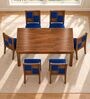 Dvira 6 Seater Dining Set In Provincial Teak Finish With Navy Blue Colour Chair Dvira 6 Seater Dining Set In Provincial Teak Finish With Navy Blue Colour Chair