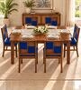 Dvira 6 Seater Dining Set In Provincial Teak Finish With Navy Blue Colour Chair Dvira 6 Seater Dining Set In Provincial Teak Finish With Navy Blue Colour Chair