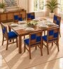 Dvira 6 Seater Dining Set In Provincial Teak Finish With Navy Blue Colour Chair Dvira 6 Seater Dining Set In Provincial Teak Finish With Navy Blue Colour Chair