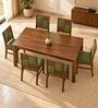 Dvira 6 Seater Dining Set In Provincial Teak Finish With Olive Green Colour Chair Dvira 6 Seater Dining Set In Provincial Teak Finish With Olive Green Colour Chair