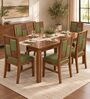 Dvira 6 Seater Dining Set In Provincial Teak Finish With Olive Green Colour Chair Dvira 6 Seater Dining Set In Provincial Teak Finish With Olive Green Colour Chair