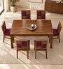 Dvira 6 Seater Dining Set In Provincial Teak Finish With Plum Colour Chair Dvira 6 Seater Dining Set In Provincial Teak Finish With Plum Colour Chair