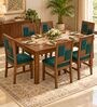 Dvira 6 Seater Dining Set In Provincial Teak Finish With Teal Green Colour Chair Dvira 6 Seater Dining Set In Provincial Teak Finish With Teal Green Colour Chair