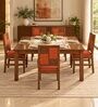 Dvira 6 Seater Dining Set In Provincial Teak Finish With Terracotta Orange Colour Chair Dvira 6 Seater Dining Set In Provincial Teak Finish With Terracotta Orange Colour Chair