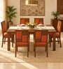 Dvira 6 Seater Dining Set In Provincial Teak Finish With Terracotta Orange Colour Chair Dvira 6 Seater Dining Set In Provincial Teak Finish With Terracotta Orange Colour Chair