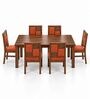 Dvira 6 Seater Dining Set In Provincial Teak Finish With Terracotta Orange Colour Chair Dvira 6 Seater Dining Set In Provincial Teak Finish With Terracotta Orange Colour Chair