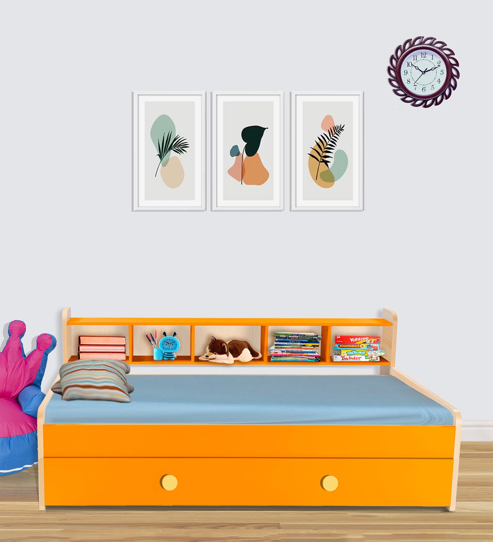 Dwan Kids Bed in Orange Colour with Drawer Storage