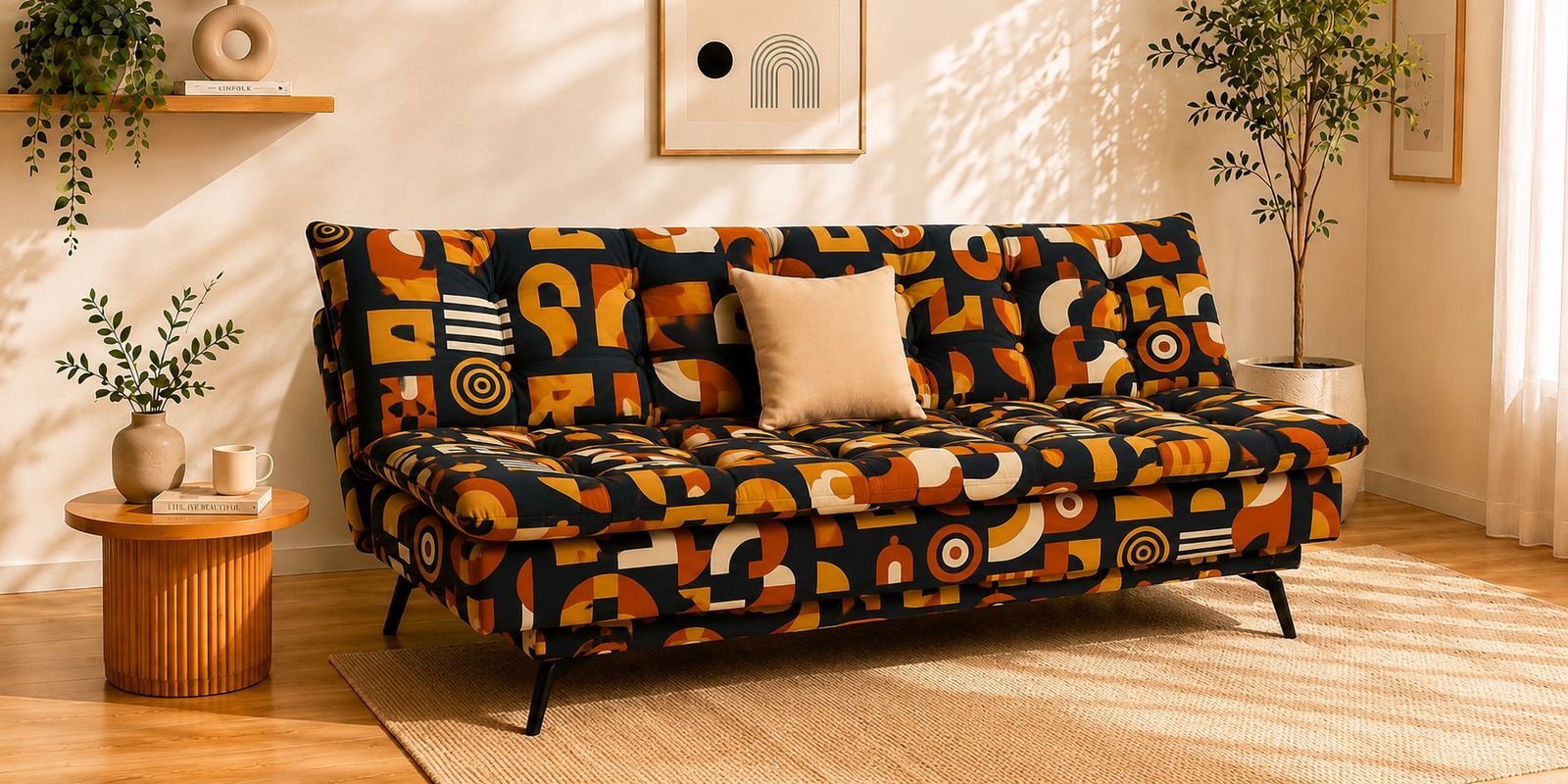 Dwayne Printed 3 Seater Sofa Cum Bed Black Multi Color
