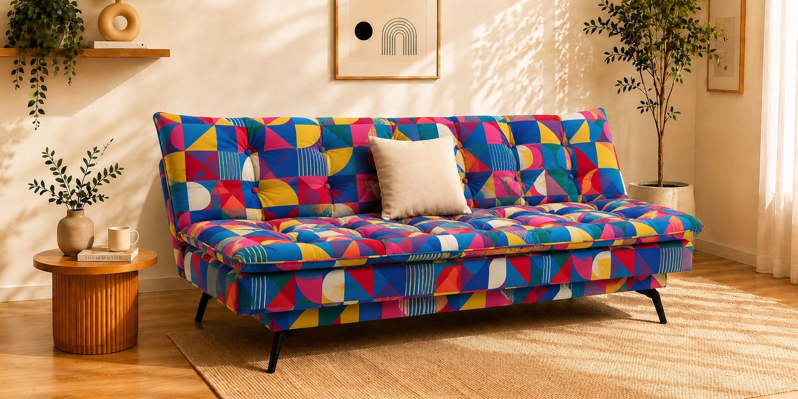 Dwayne Printed 3 Seater Sofa Cum Bed Blue printed Color