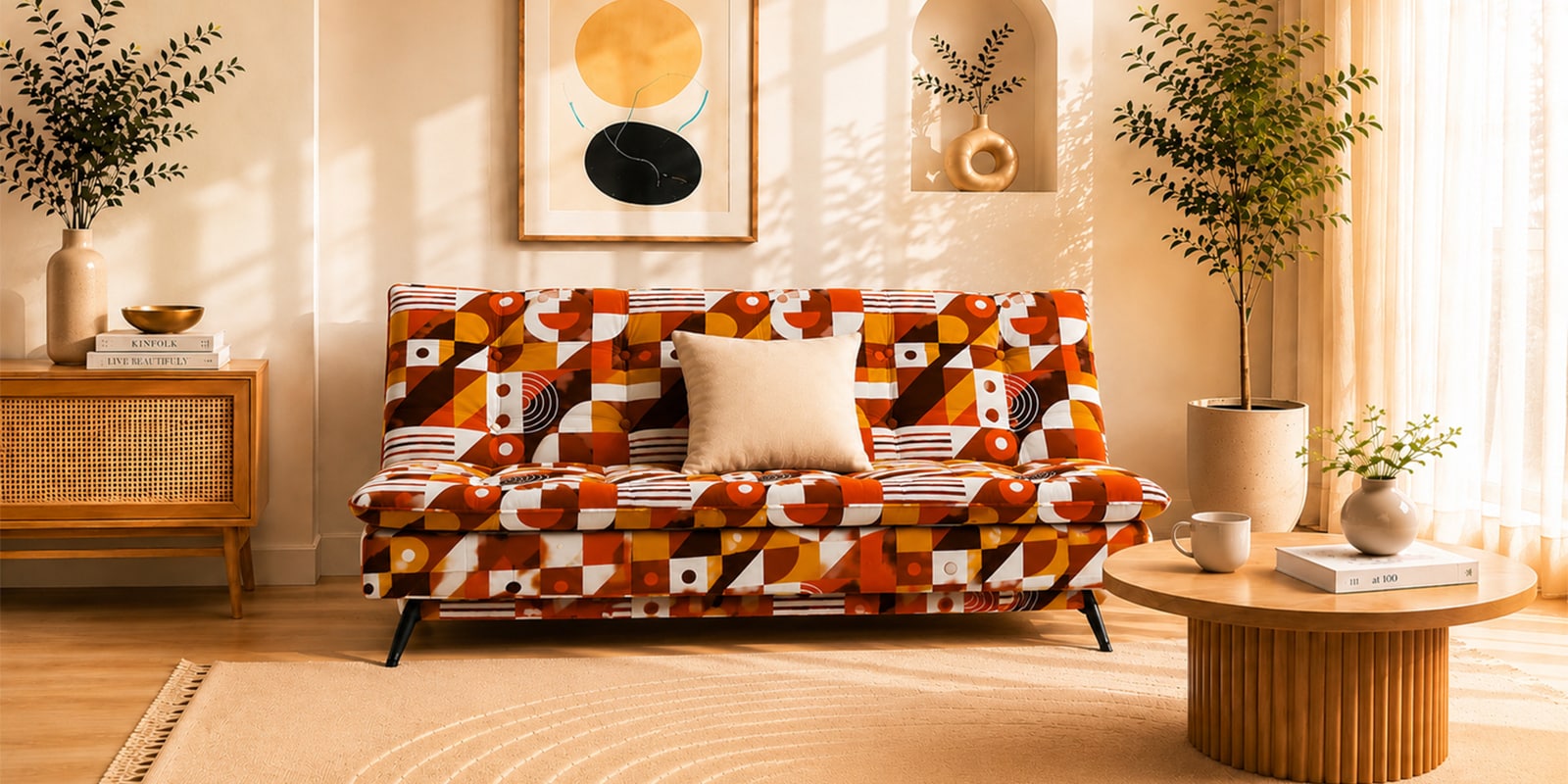 Dwayne Printed 3 Seater Sofa Cum Bed Orange Multi Color
