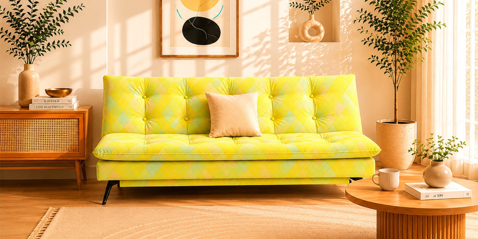 Dwayne Printed 3 Seater Sofa Cum Bed Yellow Printed Color