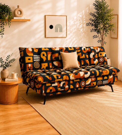 Dwayne Printed 3 Seater Sofa Cum Bed Black Multi Color