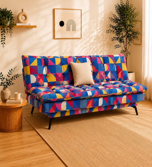 Dwayne Printed 3 Seater Sofa Cum Bed Blue printed Color