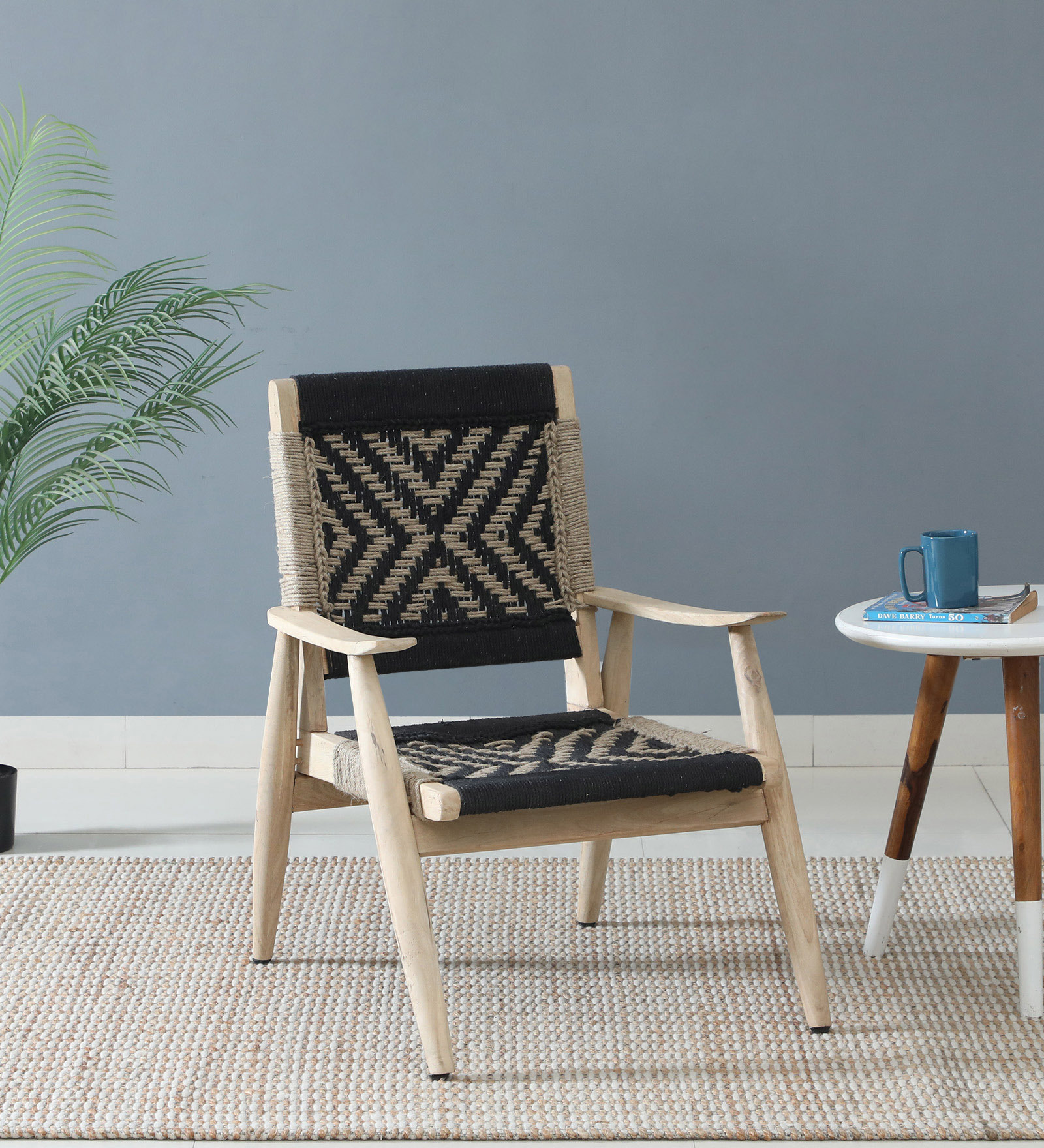 Dylla Mango Wood Arm Chair In Natural Finish With Black Rope