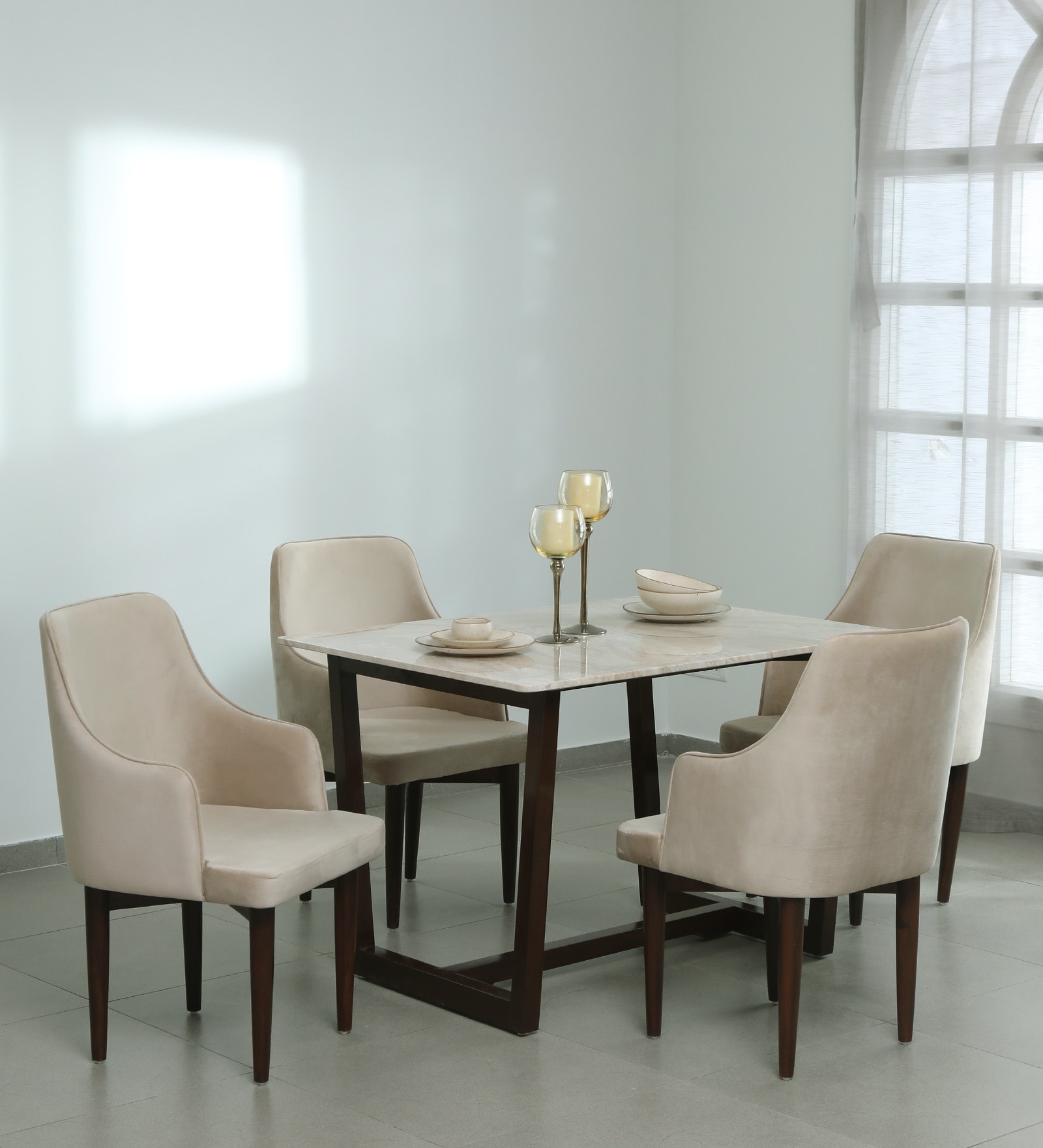 Buy Dyna Marble Top 4 Seater Dining Set in Natural Teak Finish at 6