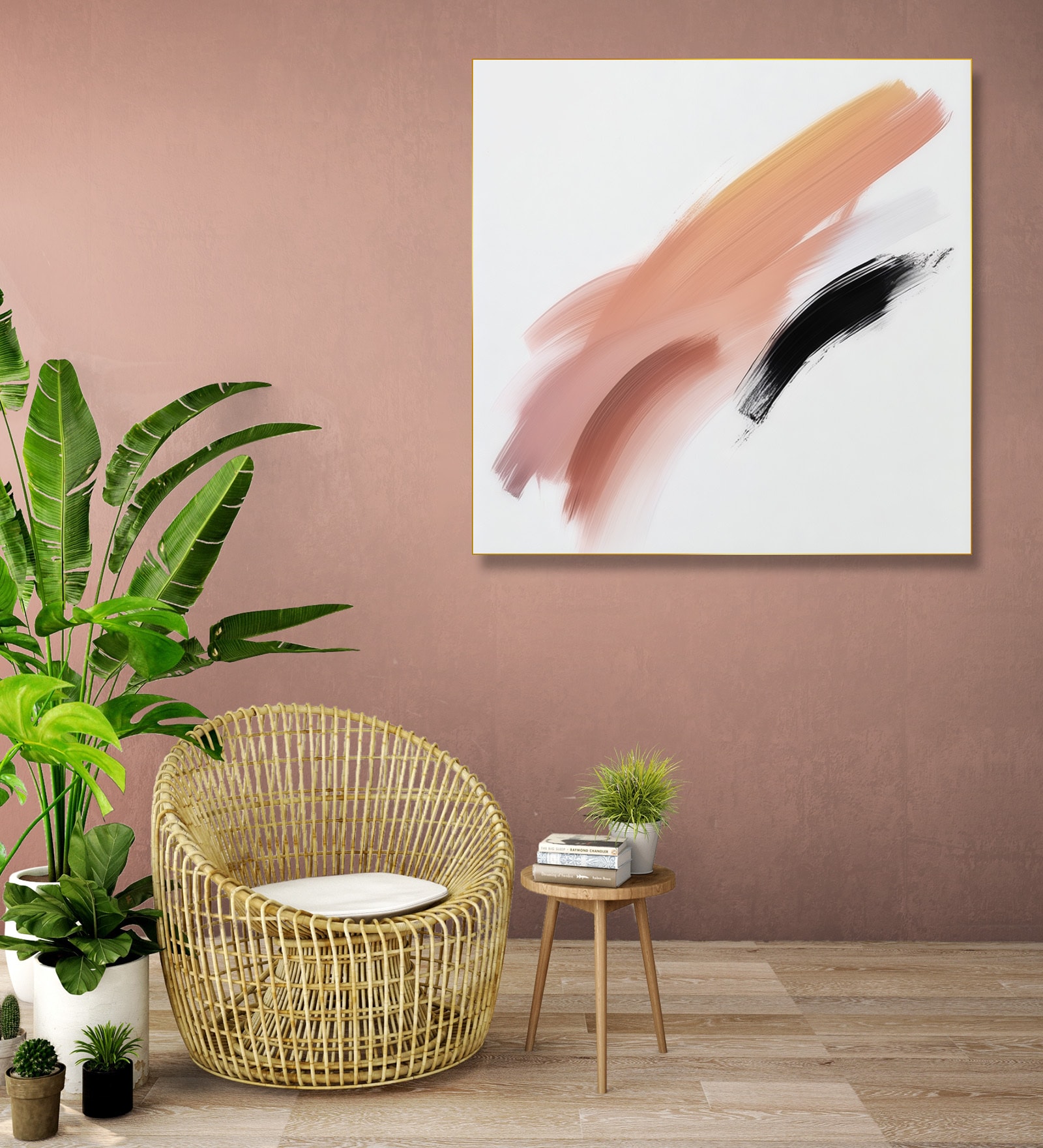 Black and White Brushstroke Canvas Printed Wall Painting Gold Frame