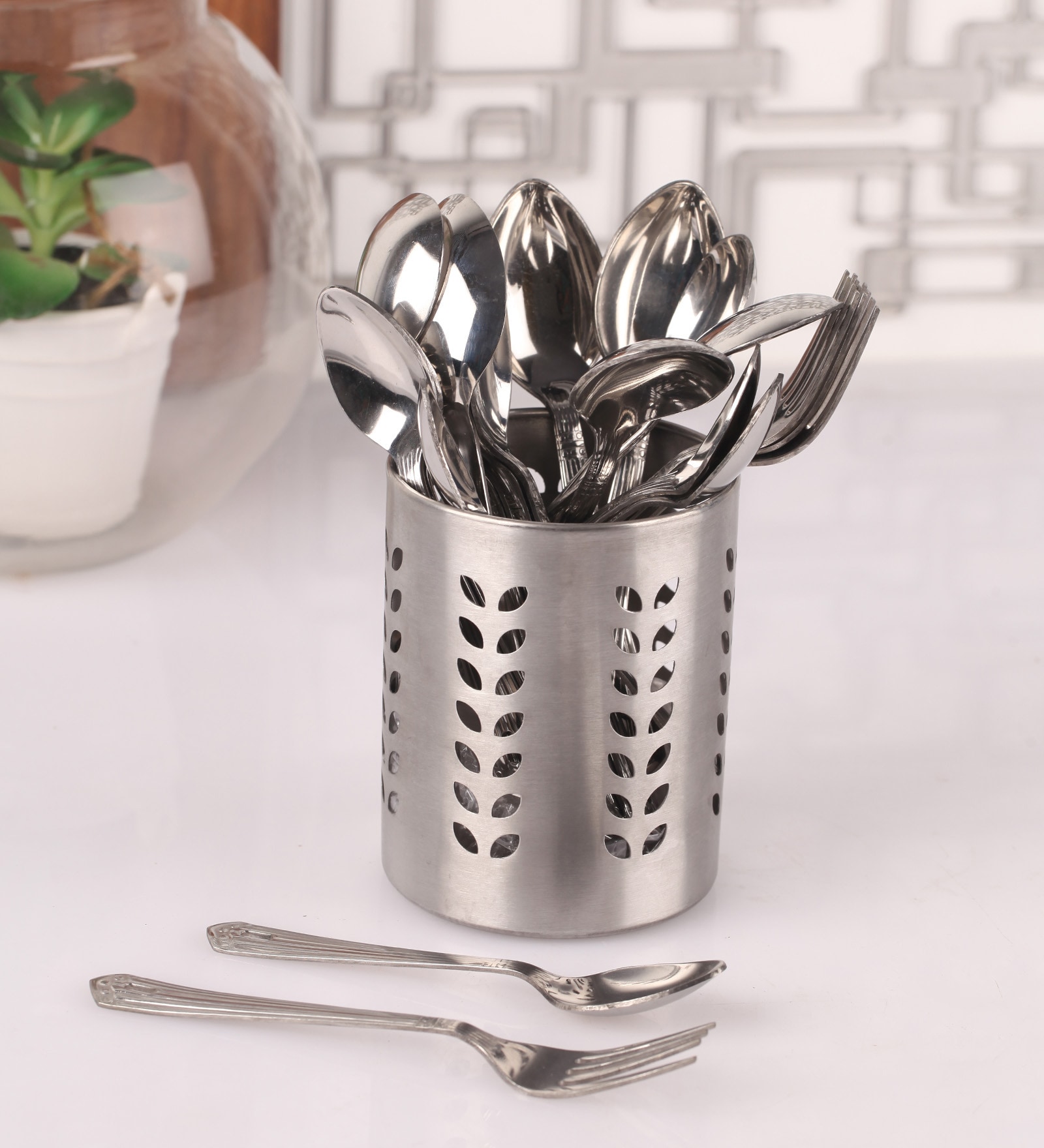 Buy Silver Stainless Steel Cutlery Holder with Cutlery by Dynore at 100 ...