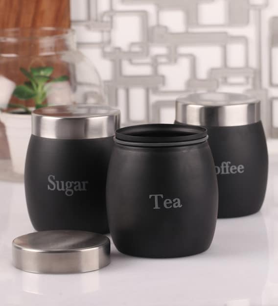 Buy Dynore Barrel Black Round 1 L Tea, Coffee and Sugar Canister Set