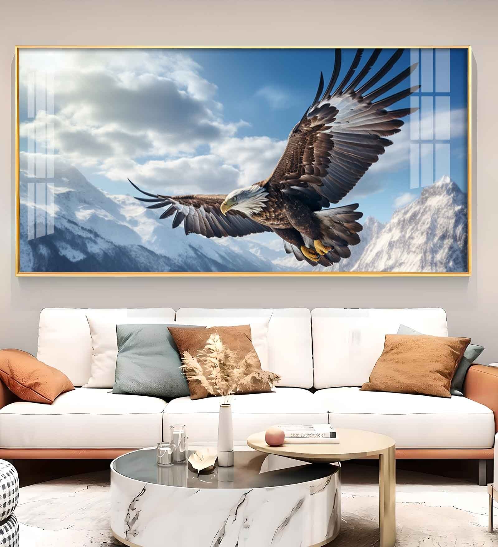 Eagle Flying Over Mountains Glass Finish Horizontal Wall Art
