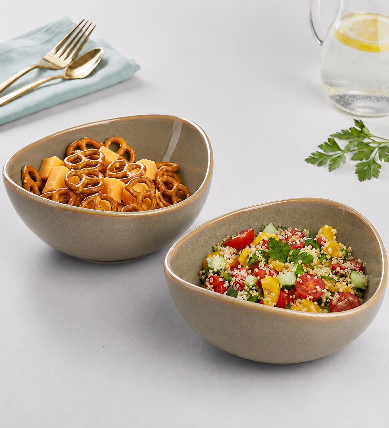 Earth Beige Triangle Ceramic Serving Bowls, 500 Ml (Set Of 2)
