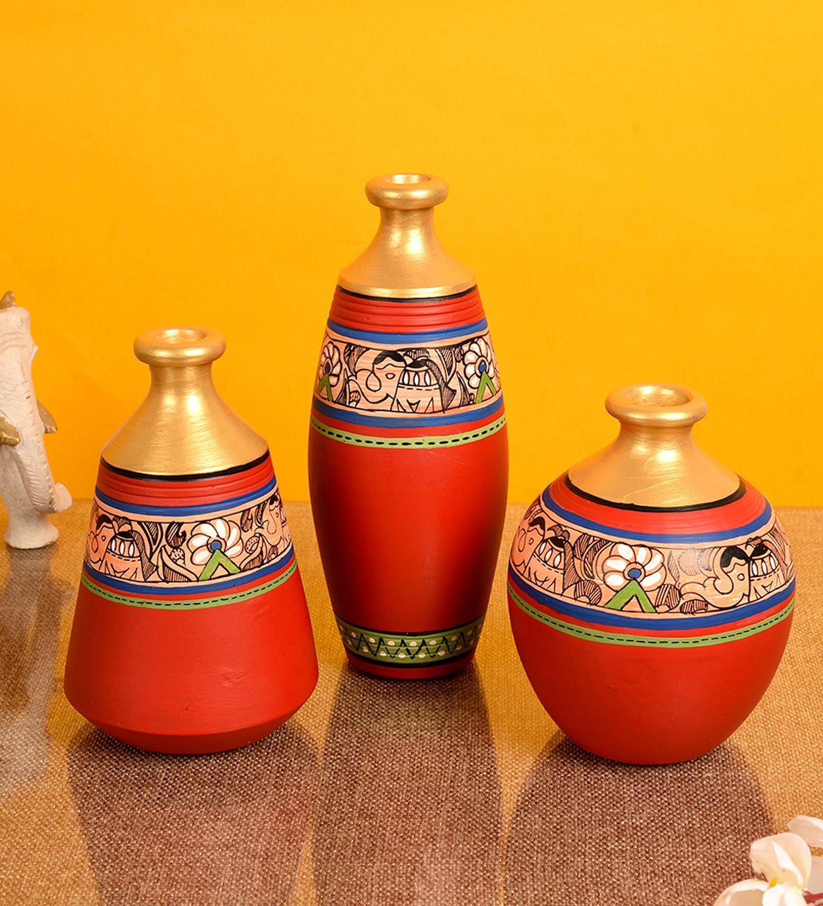 Earthen Madhubani Red Terracotta (Set of 3) Vases