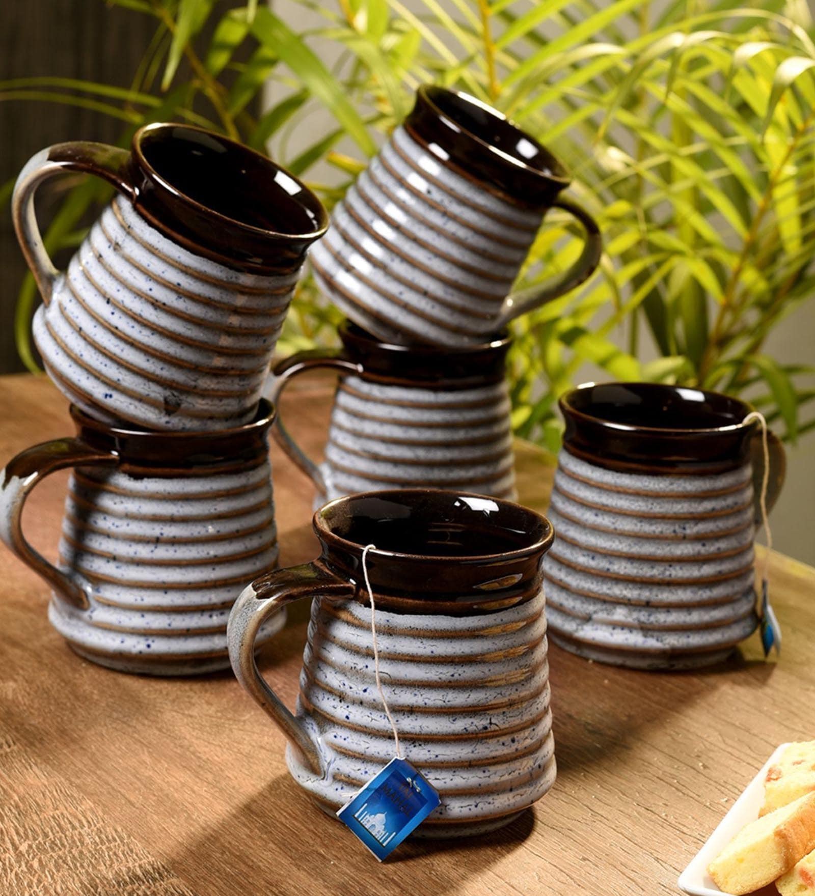 Earthern 150Ml White & Brown Ceramic (Set Of 6) Tea Cups