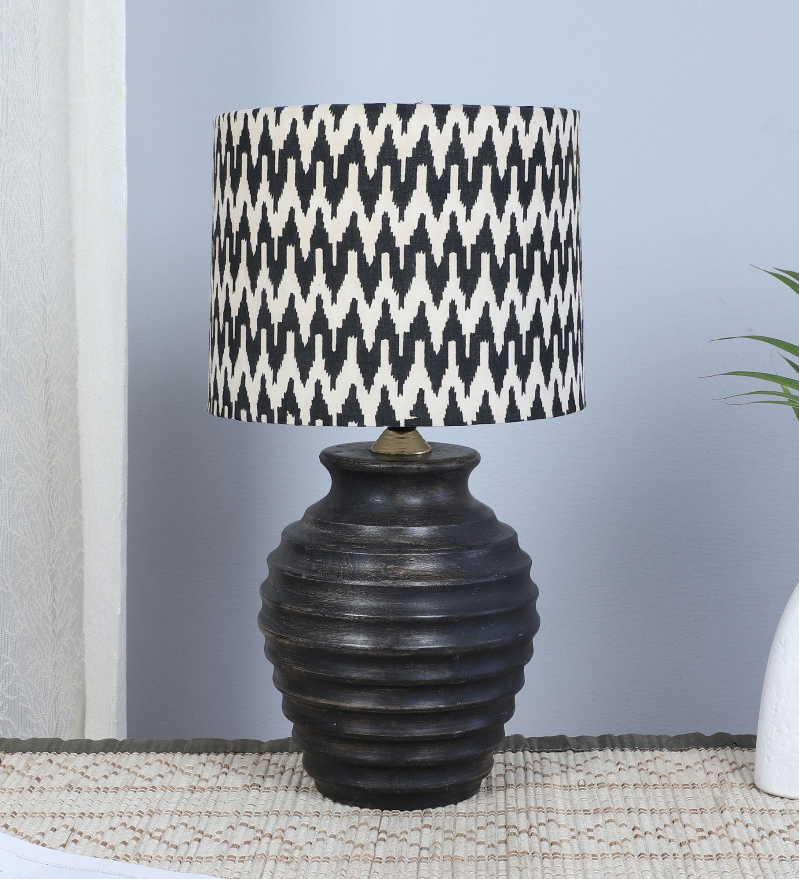 Earthy Serenity Mangowood Black Table Lamp With Chevron Print Satin Shade