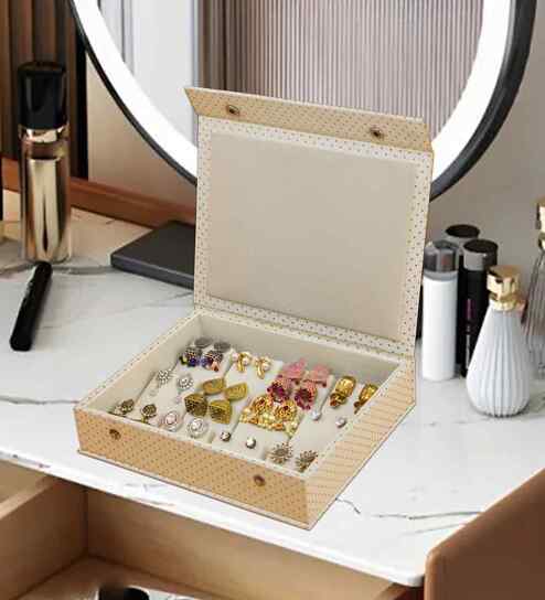 Beige Pu Leather Earring Jhumka Jewellery Organizer Box Case