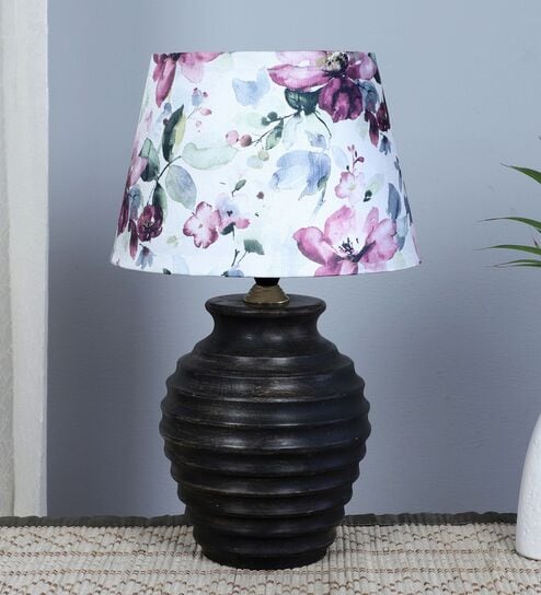 Earthy Serenity Mangowood Black Table Lamp With Cobra Saffron Print Satin Shade