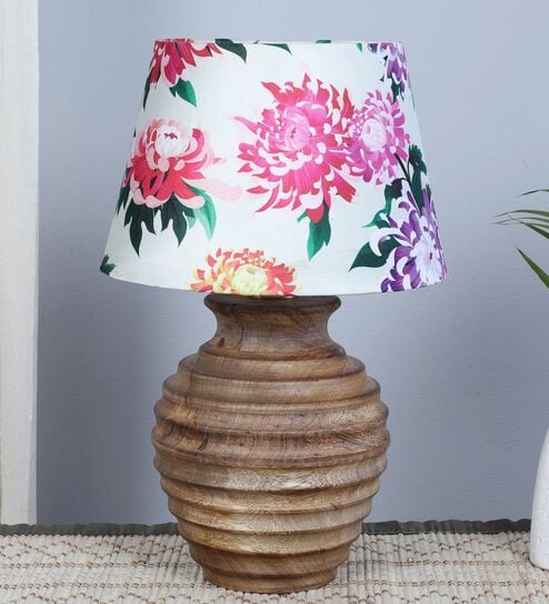 Earthy Serenity Mangowood Table Lamp With Carnation Print Satin Shade