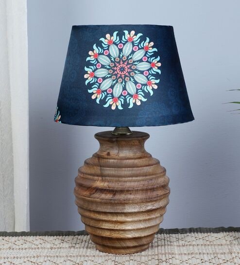 Earthy Serenity Mangowood Table Lamp With French Floral Print Satin Shade
