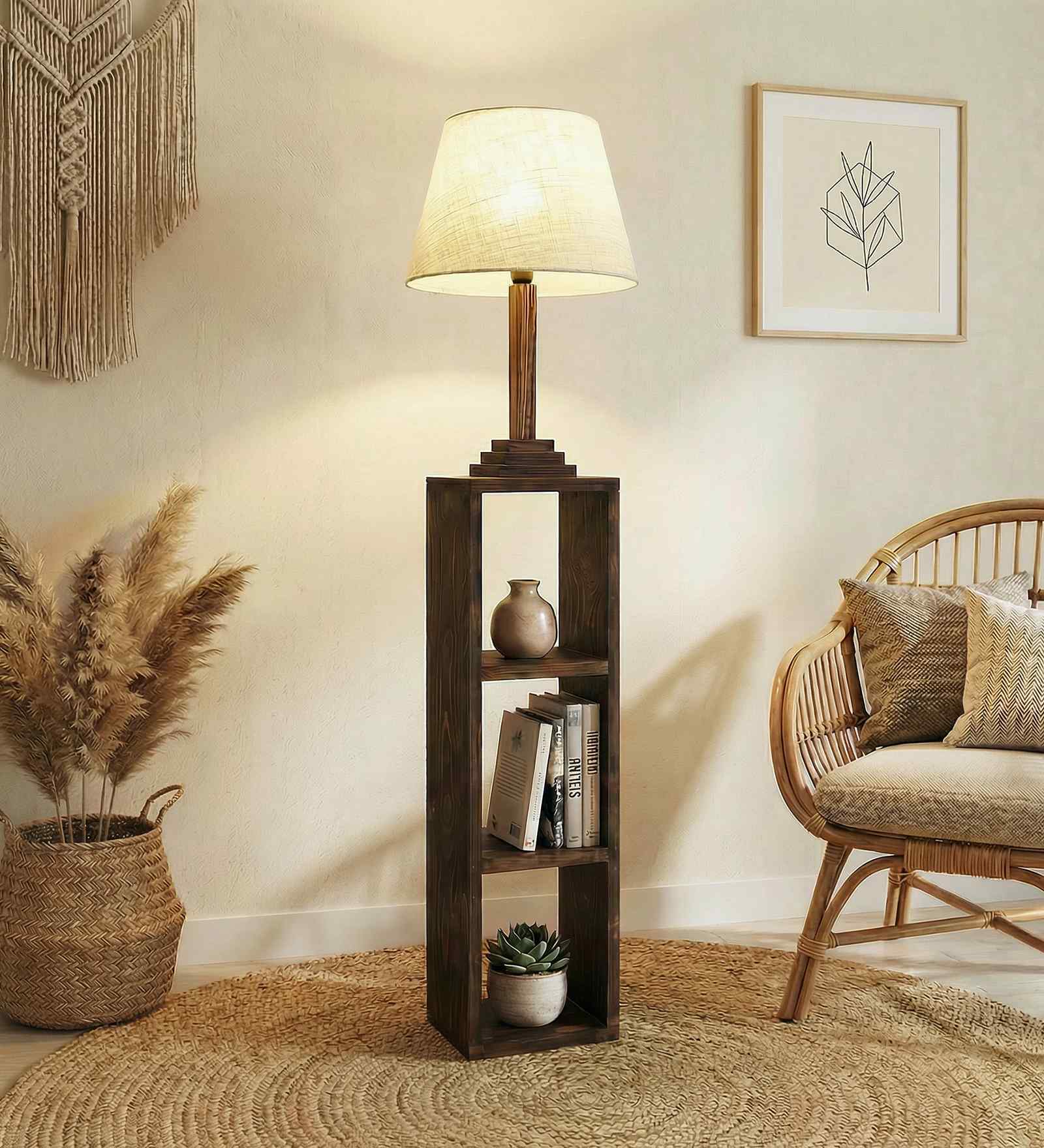 Ebenezer Wooden Shelf Floor Lamp with Jute Shade and Brown Base