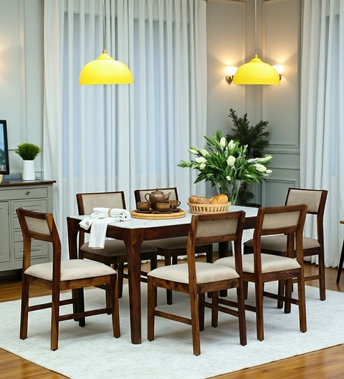 Ebeltoft Sheesham Wood 6 Seater Dining Set In Provincial Teak Finish With Porcelain Top