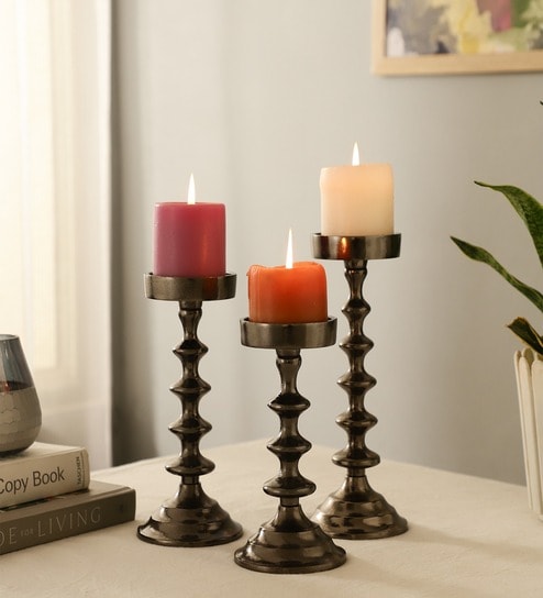 Ebon Whisper Candle Holders Set Of 3 In Black