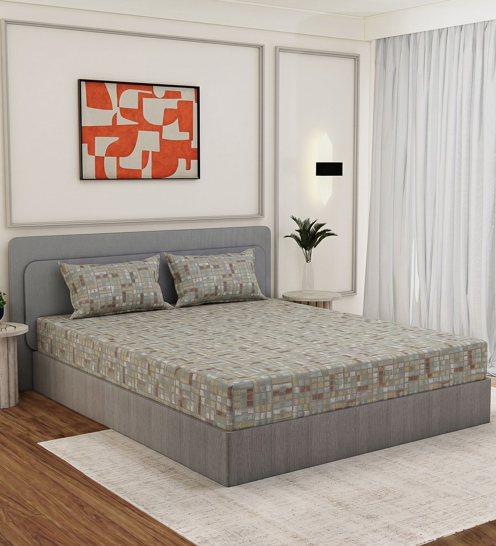 Brown Geometric 180 TC Cotton King Sized Bedsheet With 2 Pillow Covers