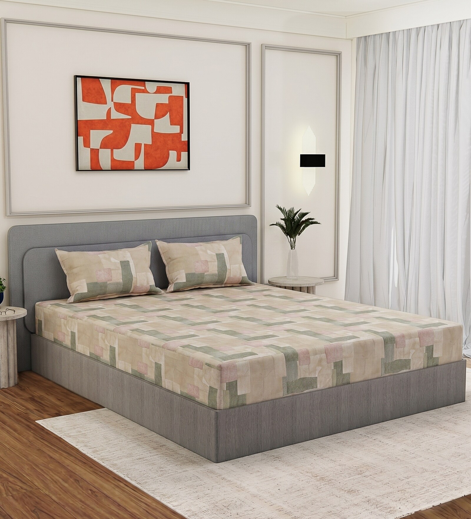 Green PaTChwork 180 TC Cotton King Sized Bedsheet With 2 Pillow Covers
