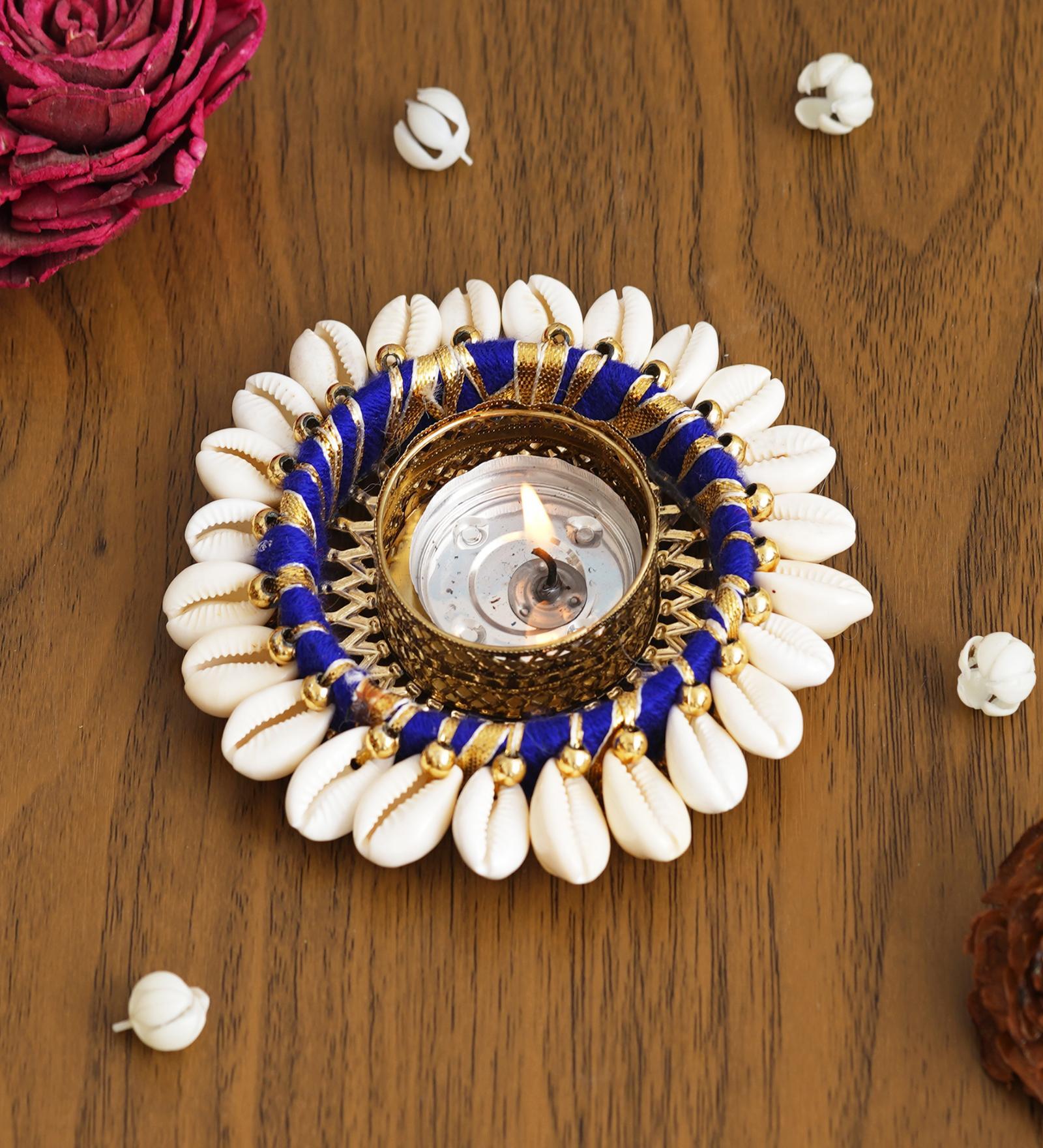 Blue and White Cowrie Shell Decorative Metal Tea Light Holder
