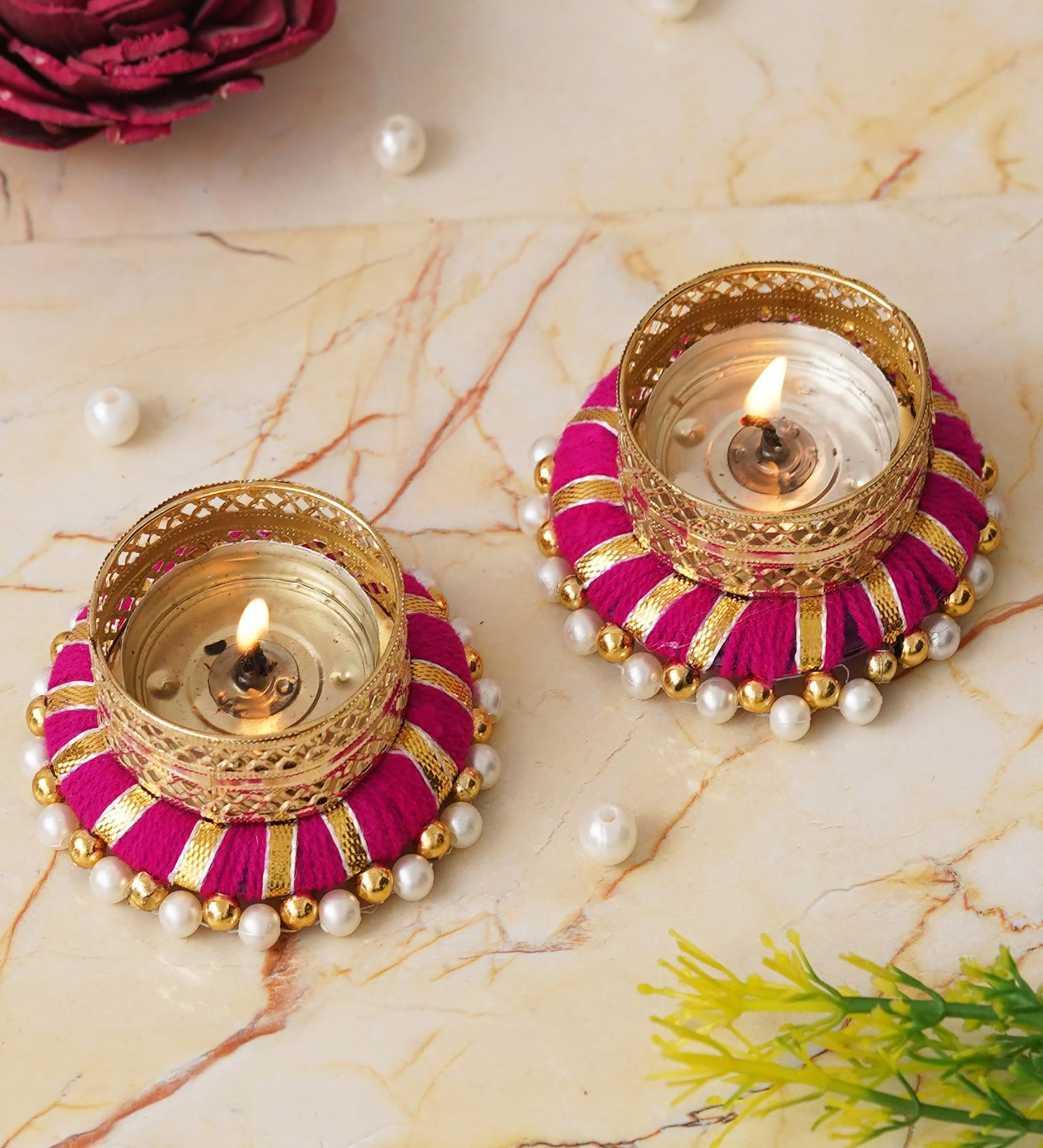 Golden and Pink Beaded (Set of 2) Decorative Tea Light Holders