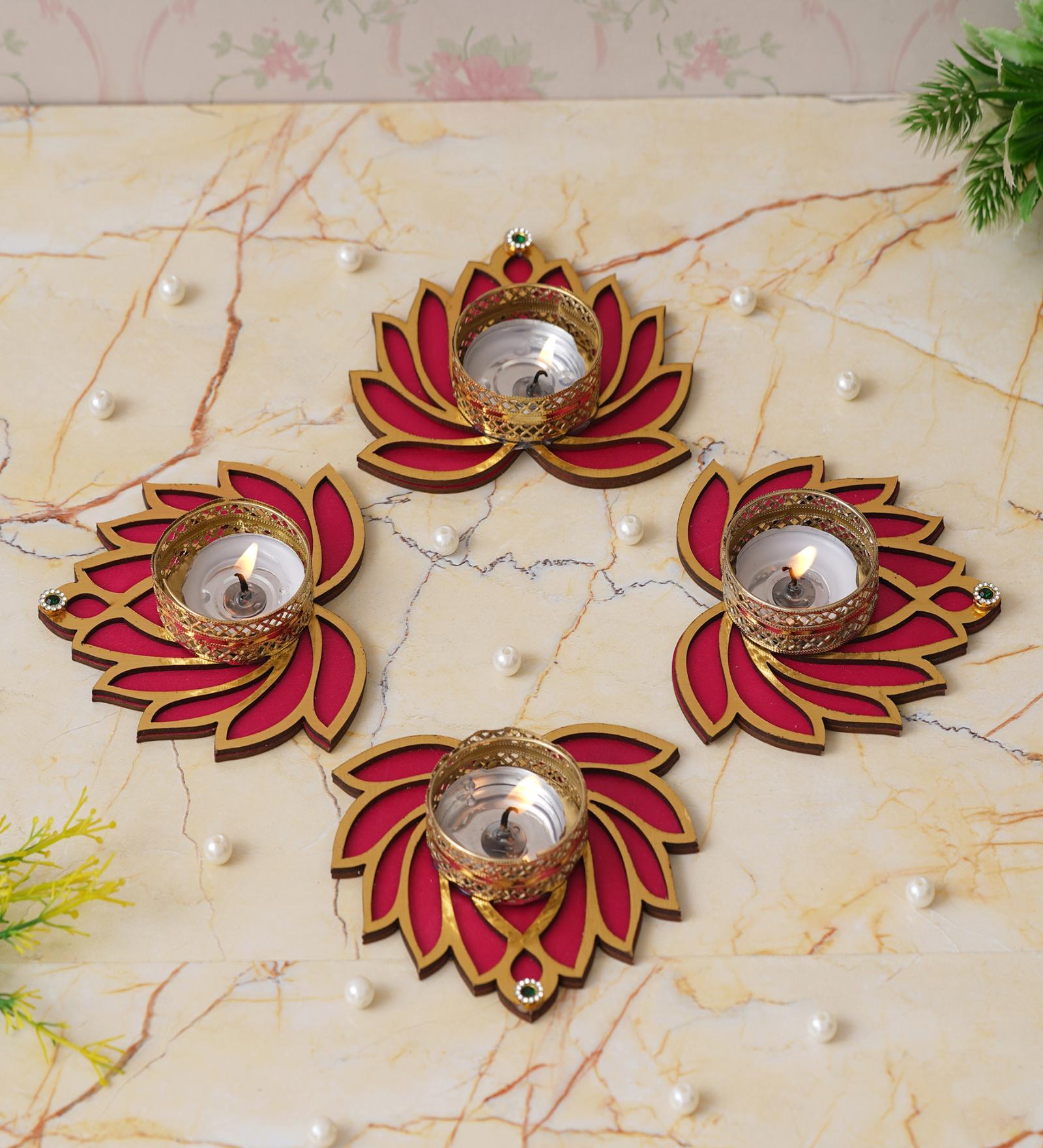 Golden and Red Beautiful Lotus (Set of 4) Tea Light Holders