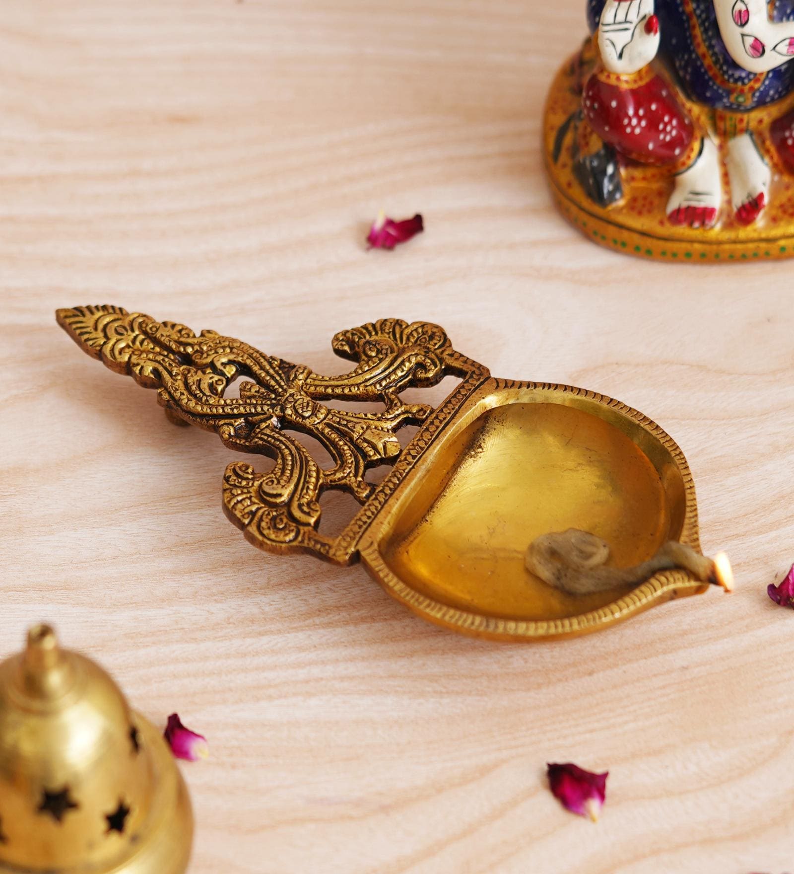 Golden Ethnic Design Brass Diya With Handle