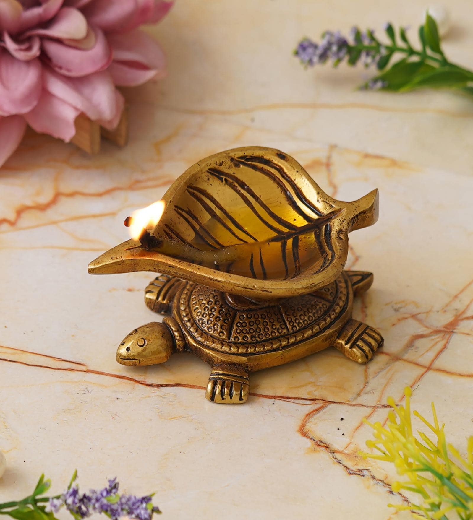 Golden Handcrafted Tortoise Statue Leaf Design Decorative Brass Diya
