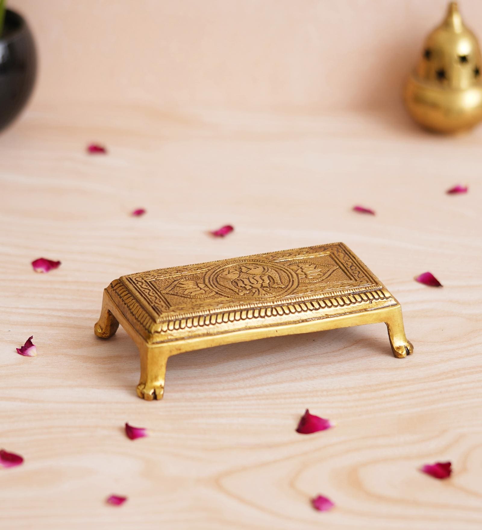Golden Square Traditional Lotus Flowers Engraved Brass Pooja Chowki