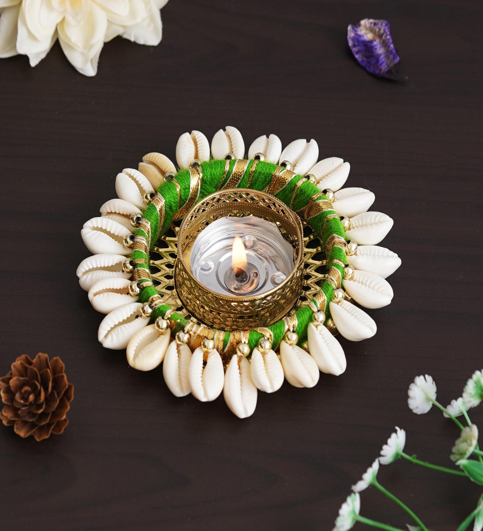 Green and White Cowrie Shell Decorative Metal Tea Light Holder