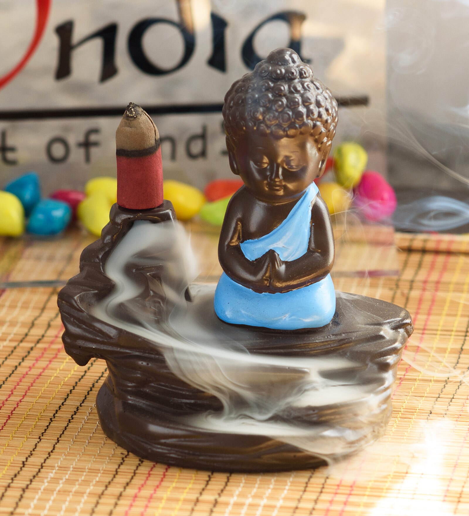 eCraftIndia Meditating Monk Buddha Smoke Fountain with 10 Backflow Cone Decorative Incense Holder