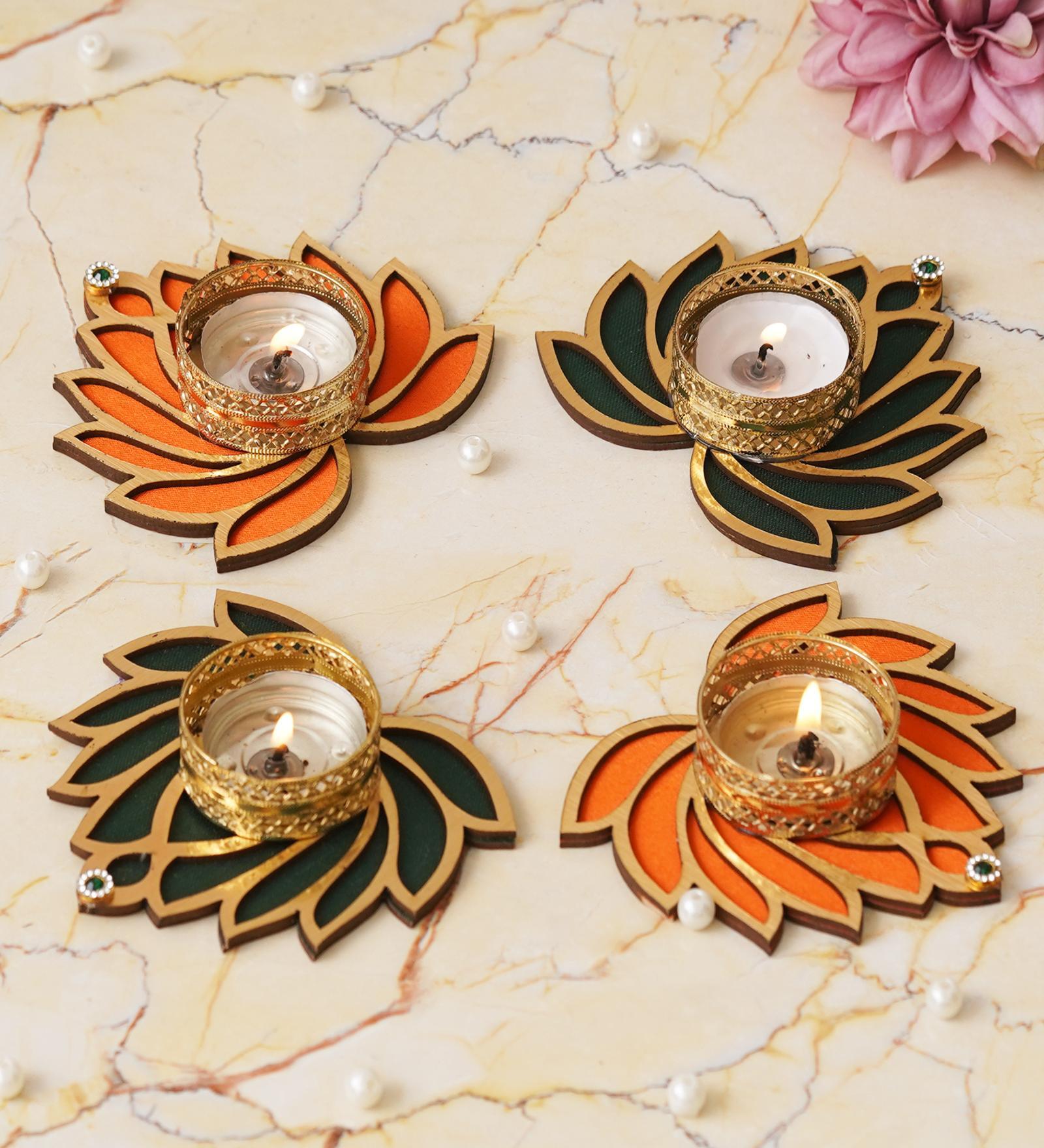 Orange and Green Beautiful Lotus (Set of 4) Tea Light Holders